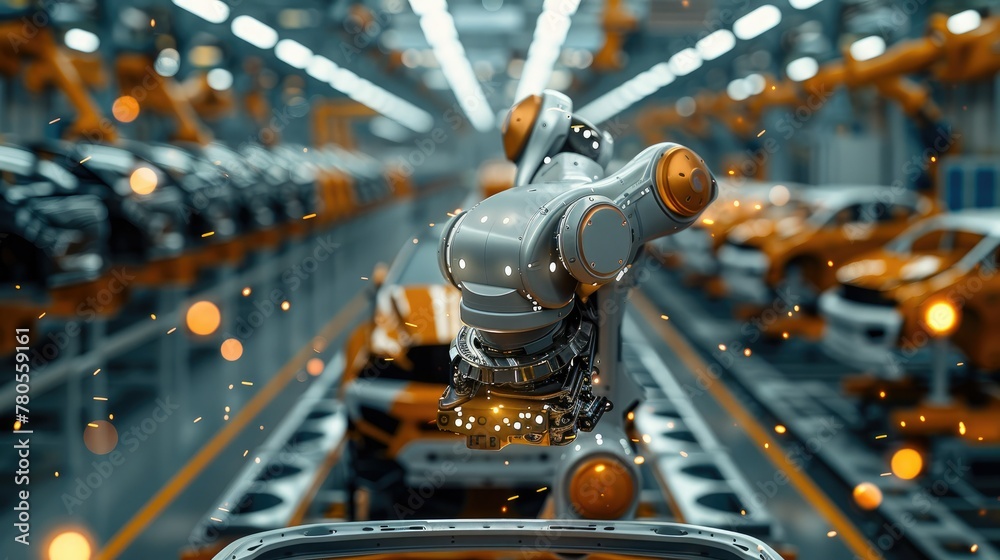 Industrial robot arm assembling a car part in a factory, soft focus on the robot. Generative AI. Industrial robot arm assembling a car part in a factory, soft focus on the robot. Generative AI.