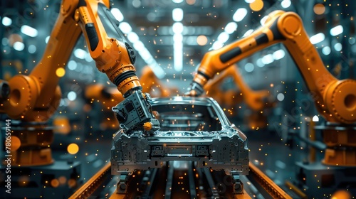 Industrial robot arm assembling a car part in a factory, soft focus on the robot. Generative AI. photo