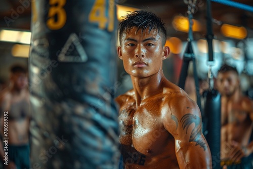 Dynamic Thai boxing, powerful punch practice, firm body visible, wide angle, energized gym setting. © Sawit