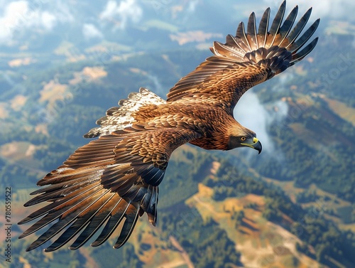Majestic eagle flying, clear sky backdrop, intense stare, AI-generated, wide-angle view © Sawit