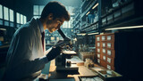 scientist adjusting the focus on a microscope slide, laboratory setting