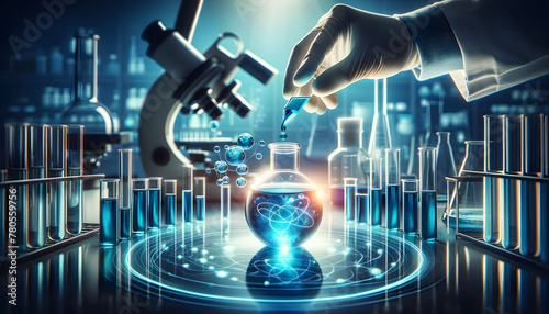 scientist adds a reagent to a test tube containing a vivid blue liquid