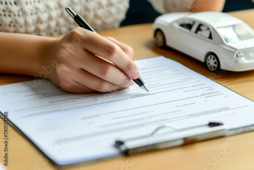 Woman signing lease paper or car insurance document. Female buying or selling new or used car. Writing signature on contract or agreement
