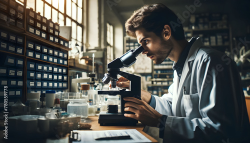 scientist adjusting the focus on a microscope slide, laboratory setting photo
