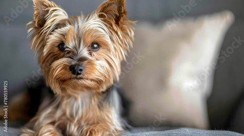 Yorkshire Terrier dog pet portrait featuring a small breed animal looking cute and furry photo