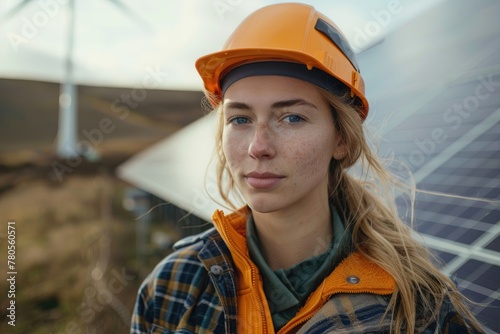 Female engineer with helmet near solar panels