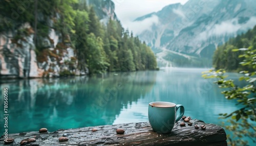 Idyllic mountain scenery with a coffee cup