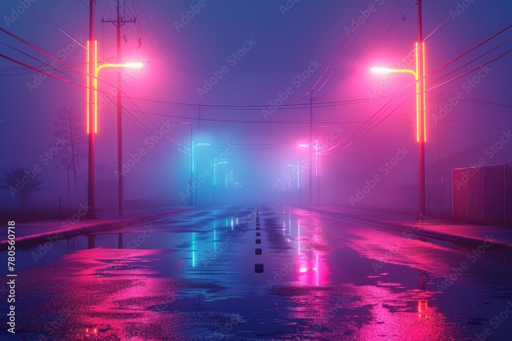 Futuristic neon lights on electricity poles at night by the road Futuristic neon lights on electricity poles at night by the road
