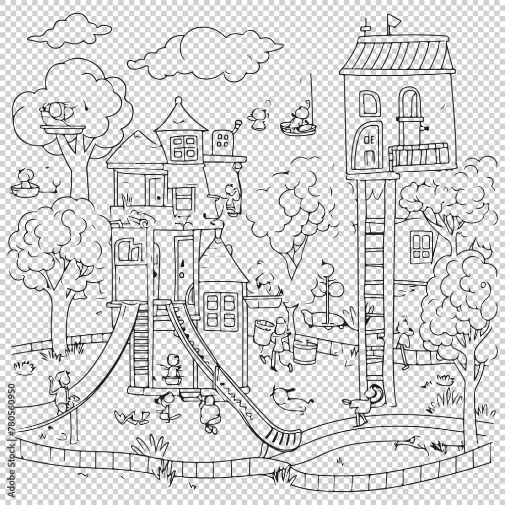 A playground for childrens coloring book, vector illustration on transparent background