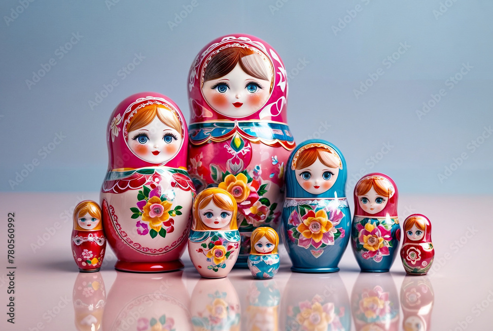 A collection of Russian nesting dolls or Matryoshka painted doll of varying sizes and colors