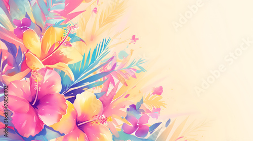 Beautiful artistic background with watercolor textured hibiscus tropical flowers illustration over white background. Copy space for text. Summer template.
