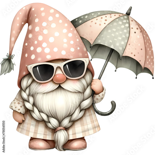 Gnome wears a pastel pink shirt, sunglasses, and holds an umbrella.