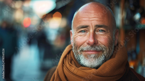 A man with a beard and glasses is wearing a brown scarf and a jacket. He has a blue eye and a smile on his face. happy european lob-eared man, in his 50s, happy face expression, with a short beard