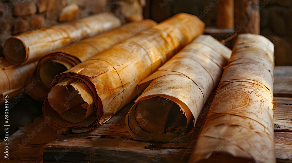 Close-up of various brown cigars, some rolled in white paper, resting in a wooden box and tray