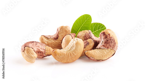 Roasted cashew with leaves in closeup