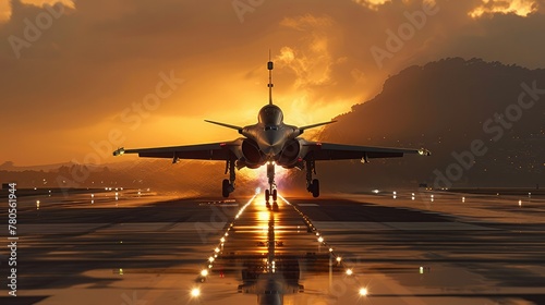 Jet fighter taking off on airport runway in nice sunset. Generative AI.