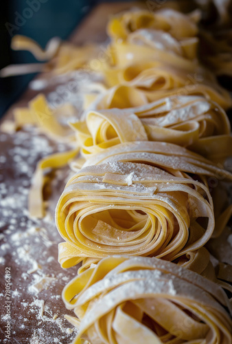 Raw Nest of fresh linguine pasta homemade  top view
