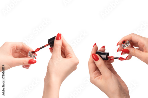 Red liquid lipstick in woman hands with red nails isolated on a white background.