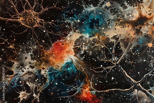 Neurons under a microscope It has complex dendritic branches and axonal pathways that connect neural connections and synaptic transmission.