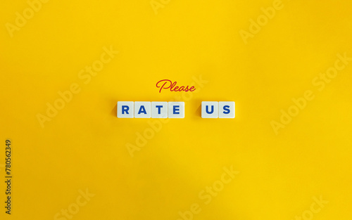 Please Rate Us Banner. Positive Feedback, Customer Satisfaction Concept. Text on Block Letter Tiles and Icon on Flat Background. Minimalist Aesthetics.
