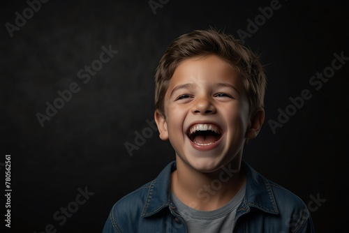 young american child boy on plain bright black background laughing hysterically looking at camera background banner template ad marketing concept from Generative AI photo