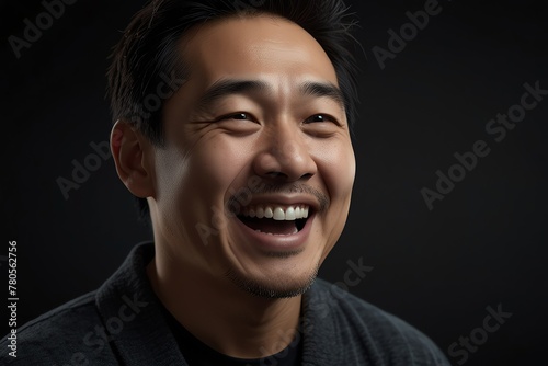 young asian middle aged man on plain bright black background laughing hysterically looking at camera background banner template ad marketing concept from Generative AI © sevenSkies