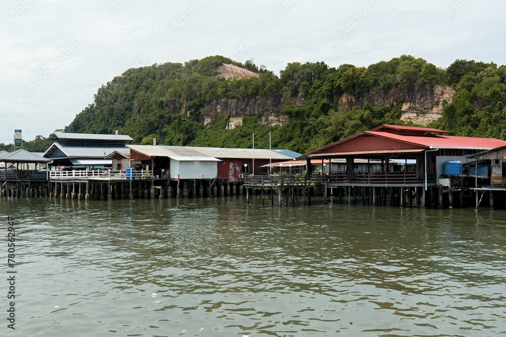 View of dwellings in Sim Sim water village Sandakan and Sulu Sea. Sabah. Borneo island. Malaysia.