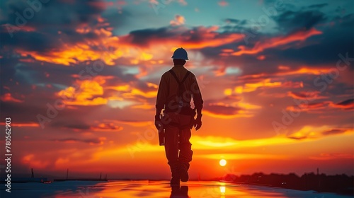 Rear view. A construction worker day ends as he walks home, the sunset painting the sky behind him. His silhouette carries the weight of the day labor. Generative AI.