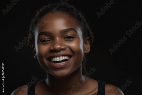 young black african teenage girl on plain bright black background laughing hysterically looking at camera background banner template ad marketing concept from Generative AI © sevenSkies