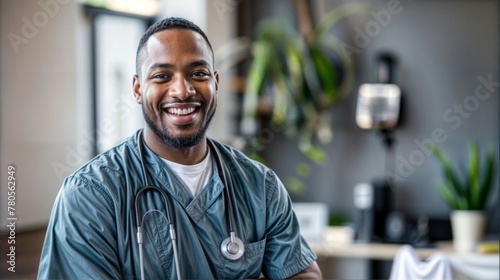 Portrait of a smiling African male nurse in uniform with a stethoscope in a clinic setting displaying confidence