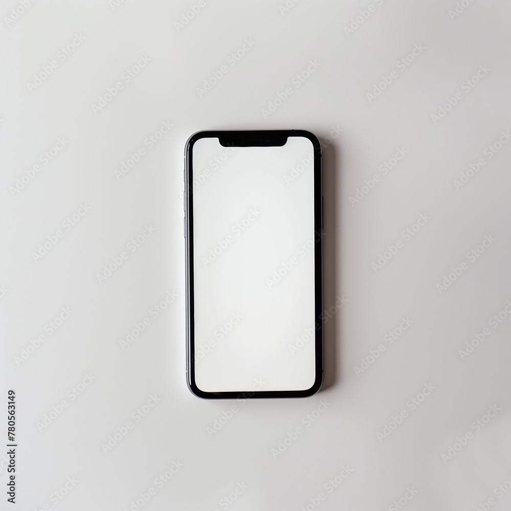 Modern smartphone with blank white screen on a light gray background. Modern smartphone with blank white screen on a light gray background.