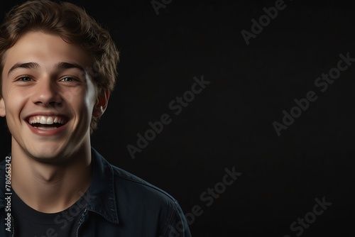 young caucasian teenage boy on plain bright black background laughing hysterically looking at camera background banner template ad marketing concept from Generative AI © sevenSkies