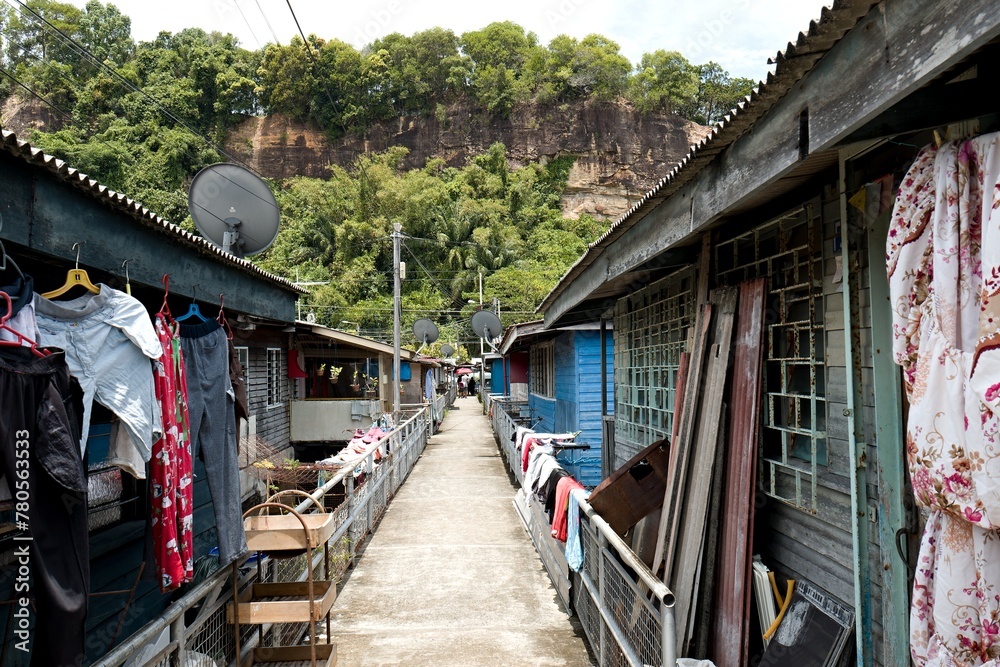 View of dwellings in Sim Sim water village Sandakan and Sulu Sea. Sabah. Borneo island. Malaysia. Asia.