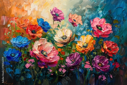 Summerthemed abstract garden, palette knife oil painting, with colorful and charming flowers, against a richly colored background and striking lighting
