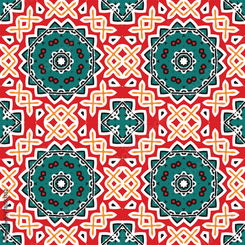 Seamless pattern with decorative elements and a predominance of red and gray-green colors. Vector illustration