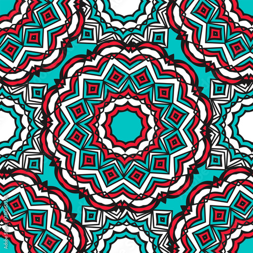 Seamless pattern with round decorative elements in blue and red colors. Vector illustration