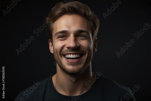 young deutsch man on plain bright black background laughing hysterically looking at camera background banner template ad marketing concept from Generative AI photo