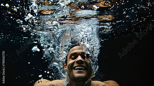 a full body view of male model  jumped in clear water