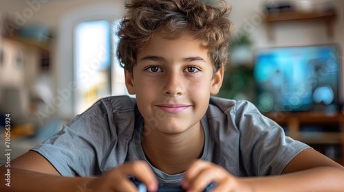 Cute little boy concentrating on playing video games photo