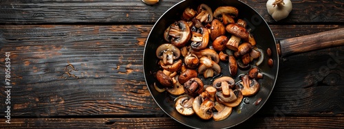 Roasted mushrooms with onion in frying pan on a dark wooden background. Top view. copy space photo