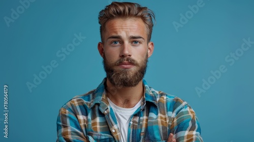 A man with a beard and plaid shirt posing for the camera, AI photo