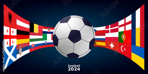 Concept of  football cup 2024. Design of a stylish football championship background. Vector realistic 3d ball and flags of all countries participating in the competition. Design element for cards, inv