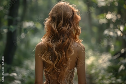 A woman with long wavy hair in an elegant gown standing in a forest. Concept Fashion Photography, Nature Background, Elegant Style, Long Wavy Hair, Forest Setting