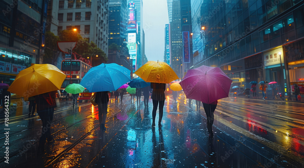 Rainy metropolitan streets, glistening asphalt reflecting city lights, pedestrians with colorful umbrellas, towering skyscrapers shrouded in mist. Generative AI.