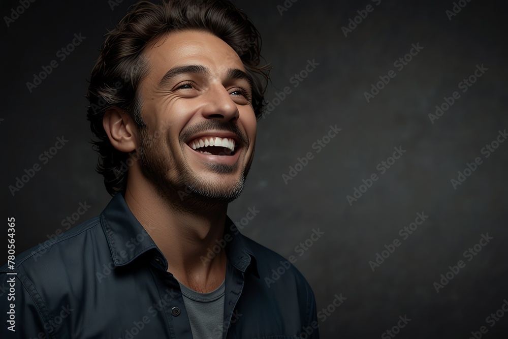 young italian middle aged man on plain bright black background laughing hysterically looking at camera background banner template ad marketing concept from Generative AI