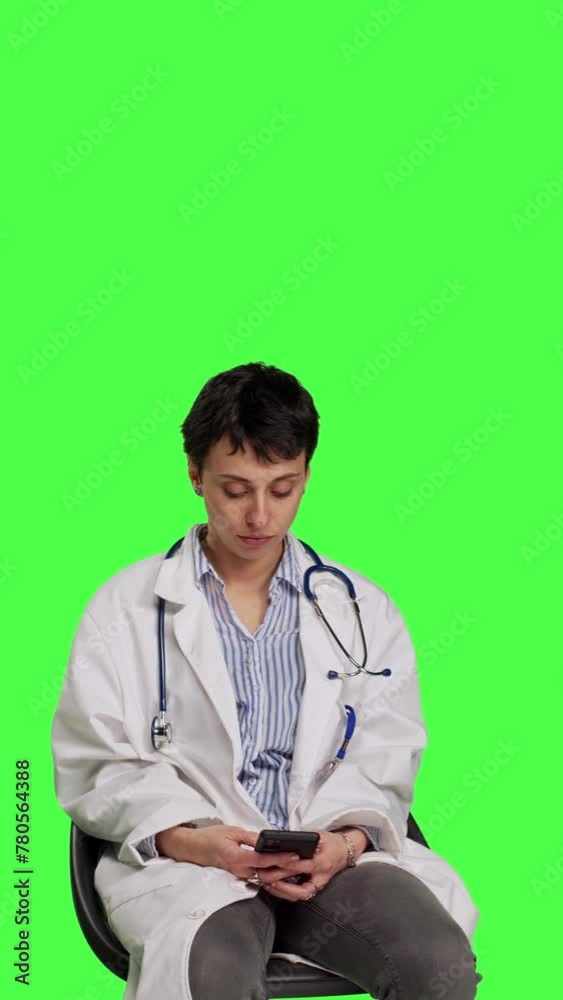 Front view Woman specialist using smartphone social media apps in studio, sitting on a chair against greenscreen backdrop. Physician waiting for someone and browses online webpages, texting. Camera B. Front view Woman specialist using smartphone social media apps in studio, sitting on a chair against greenscreen backdrop. Physician waiting for someone and browses online webpages, texting. Camera B.