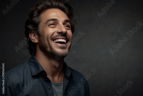 young italian middle aged man on plain bright black background laughing hysterically looking at camera background banner template ad marketing concept from Generative AI