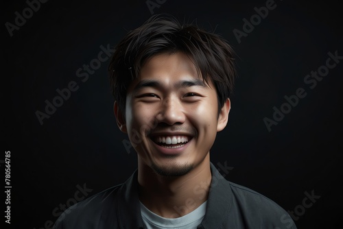 young japanese man on plain bright black background laughing hysterically looking at camera background banner template ad marketing concept from Generative AI