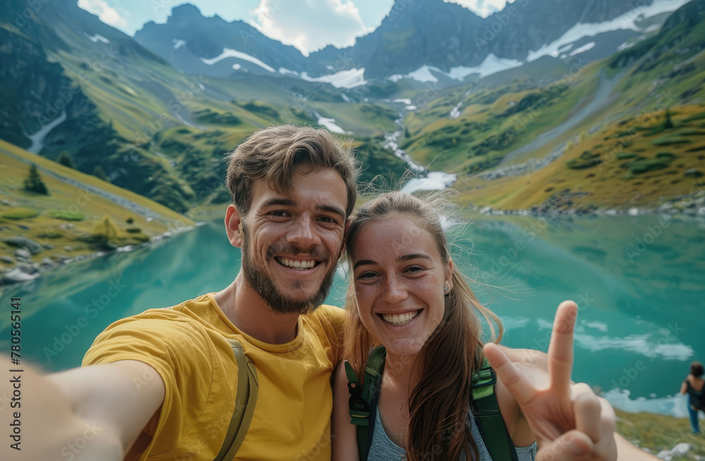 A young couple took a selfie while hiking in the mountains with a lake and greenery in the background