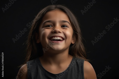 young mexican child girl on plain bright black background laughing hysterically looking at camera background banner template ad marketing concept from Generative AI